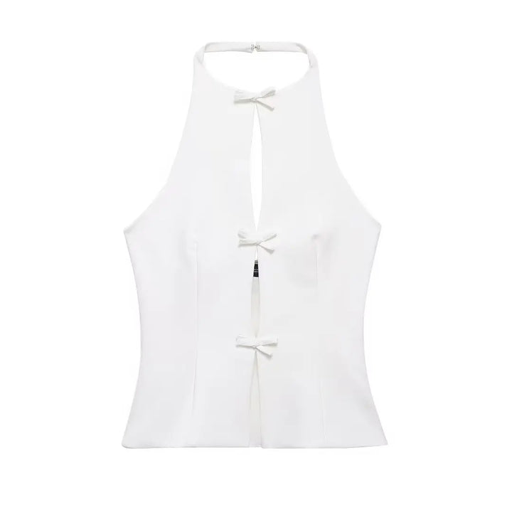 Women’s Sleeveless Halter Top with Front Cutouts and Bow Accents