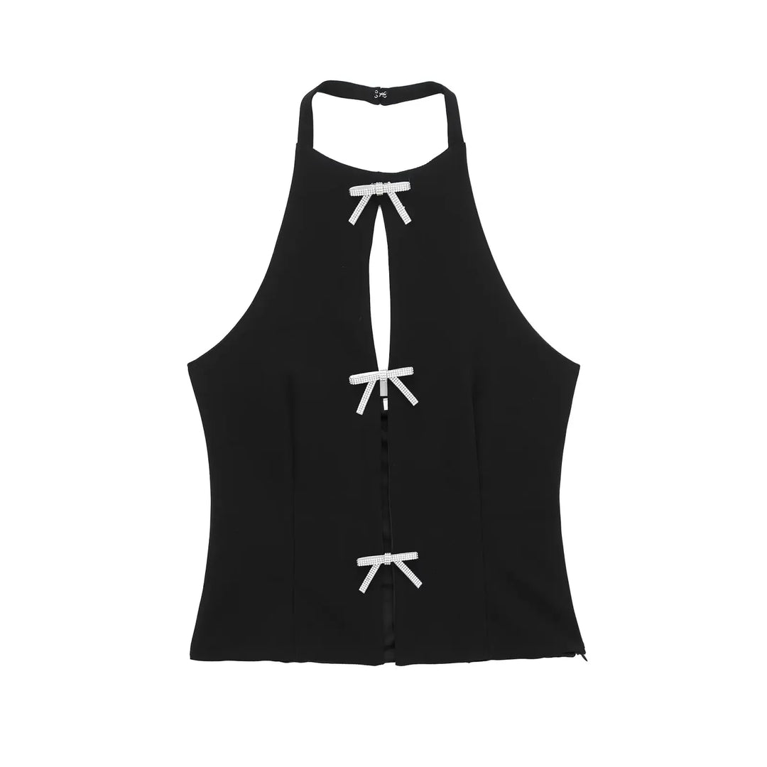 Women’s Sleeveless Halter Top with Front Cutouts and Bow Accents