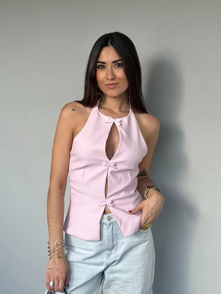 Women’s Sleeveless Halter Top with Front Cutouts and Bow Accents