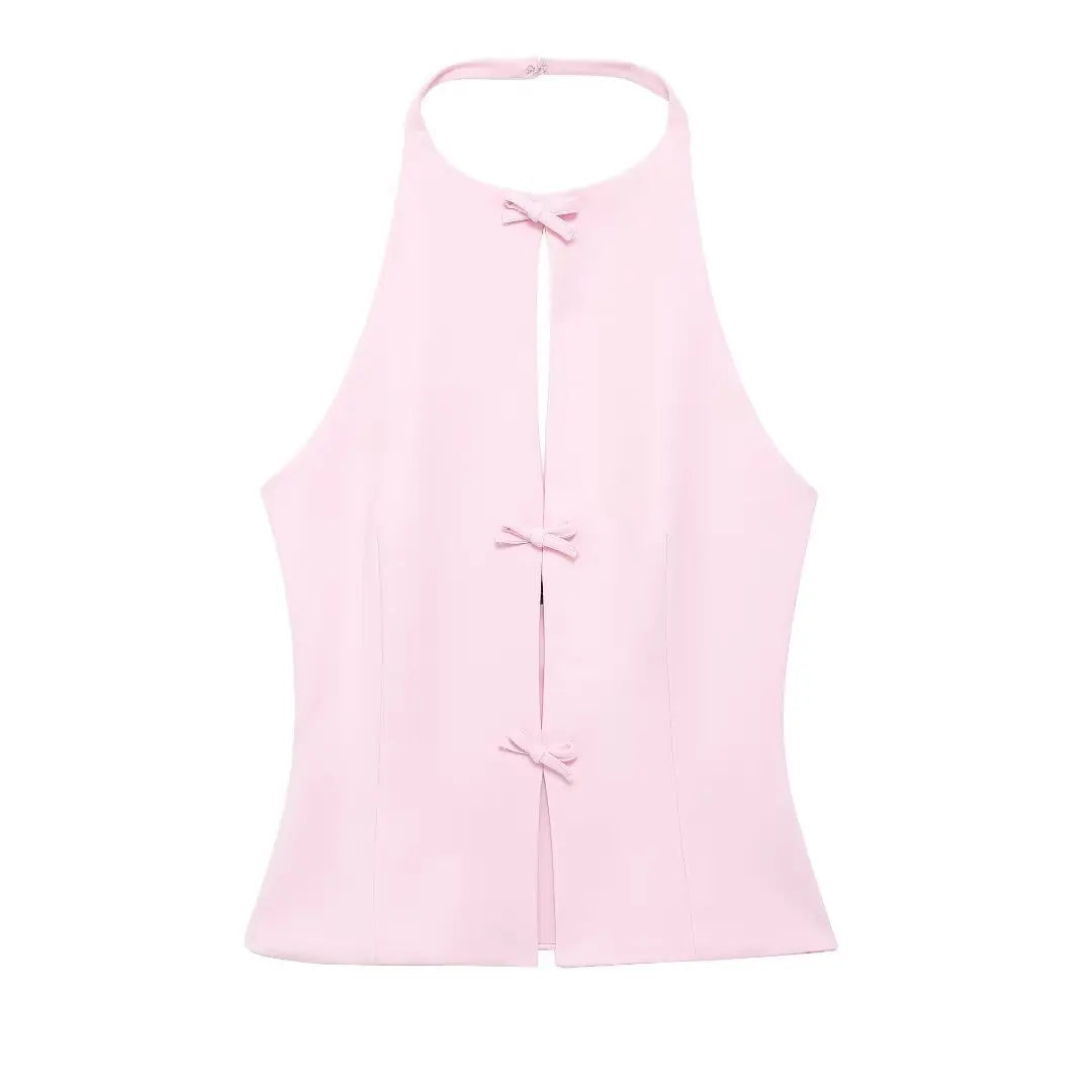 Women’s Sleeveless Halter Top with Front Cutouts and Bow Accents