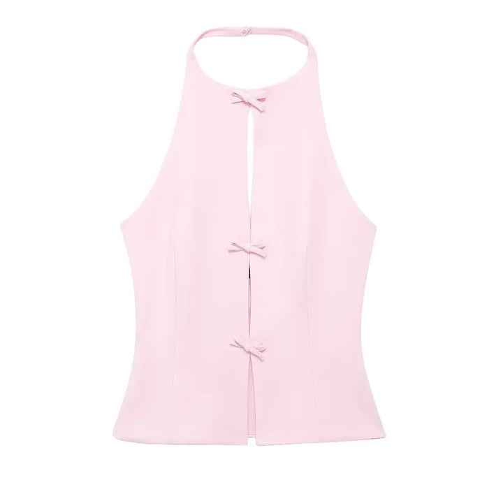 Women’s Sleeveless Halter Top with Front Cutouts and Bow Accents