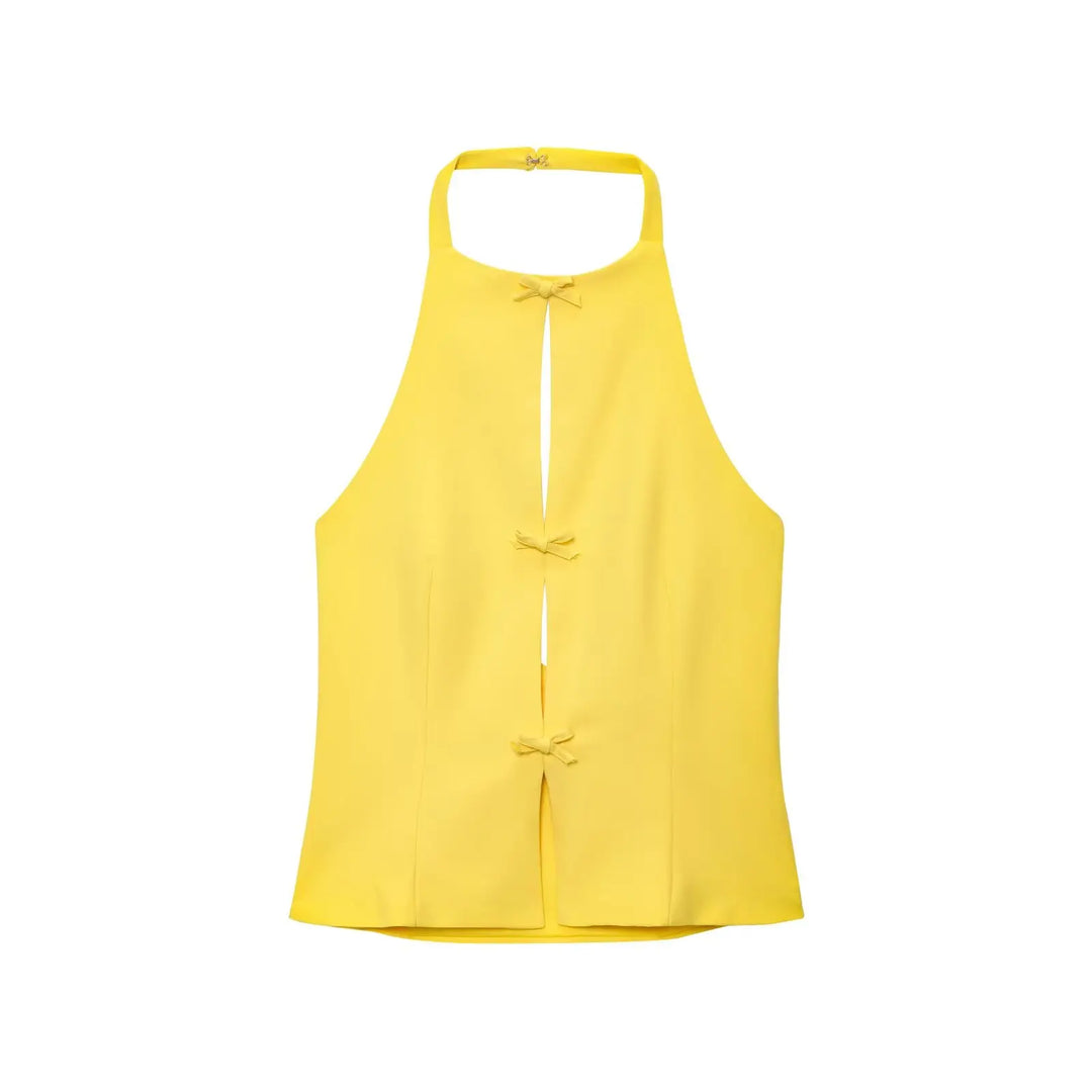 Women’s Sleeveless Halter Top with Front Cutouts and Bow Accents