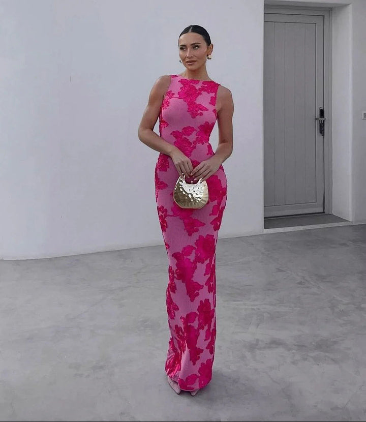 Women’s Sleeveless Maxi Dress with High Neck and Floral Appliqué