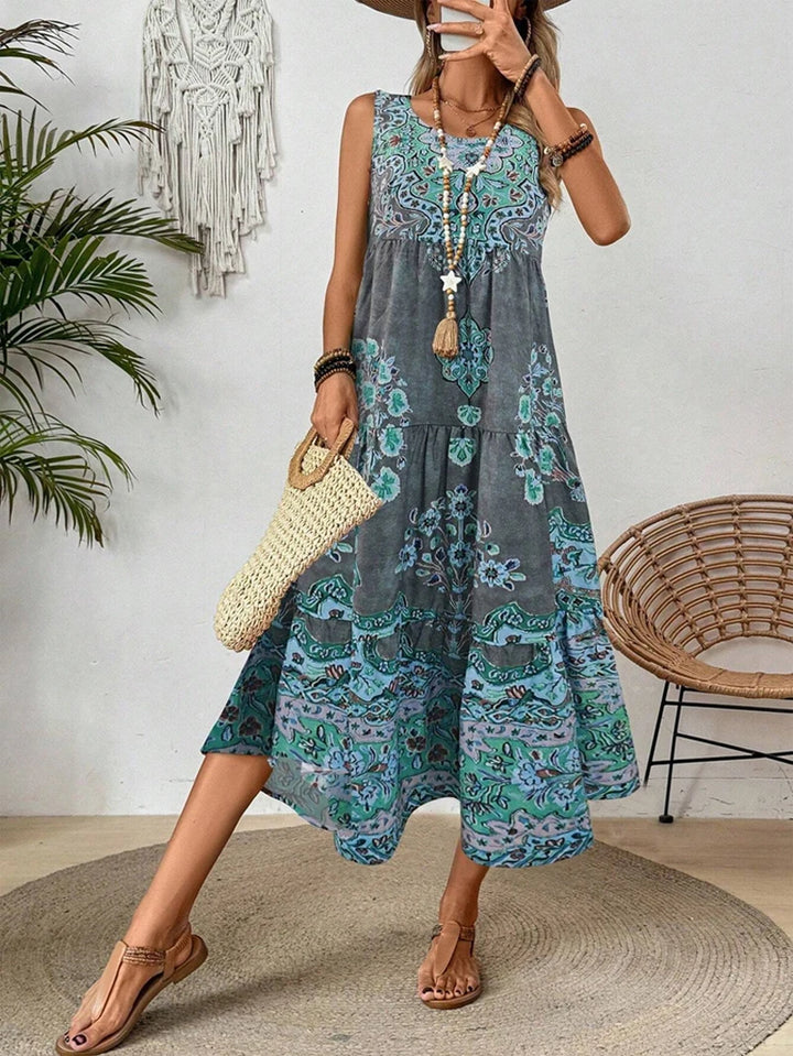 Women's Sleeveless Midi Dress with Round Neckline and Printed Skirt