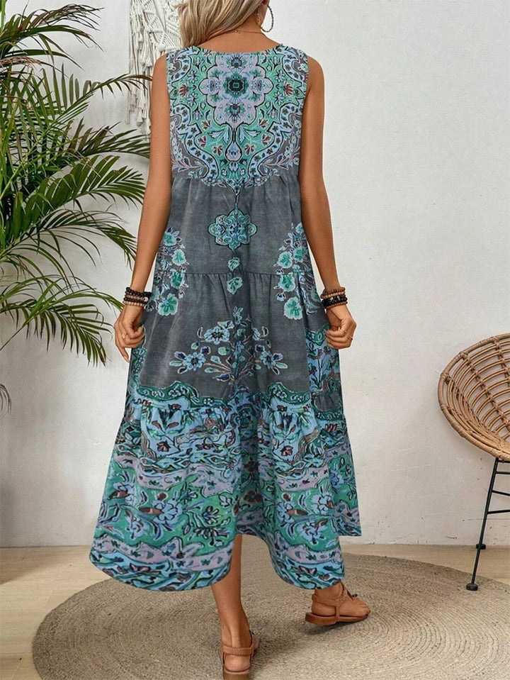 Women's Sleeveless Midi Dress with Round Neckline and Printed Skirt