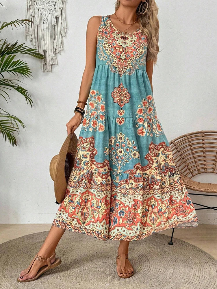 Women's Sleeveless Midi Dress with Round Neckline and Printed Skirt