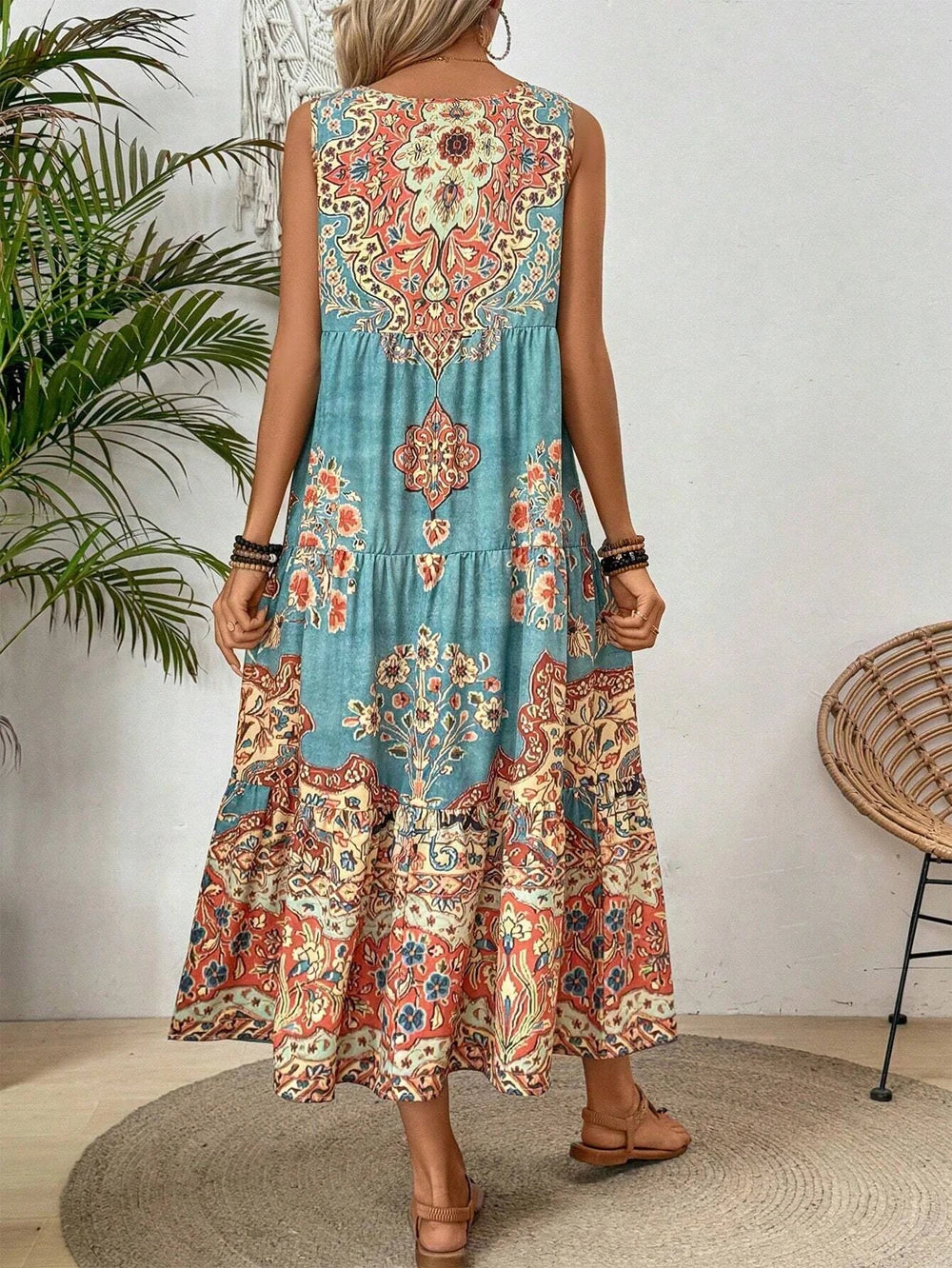 Women's Sleeveless Midi Dress with Round Neckline and Printed Skirt
