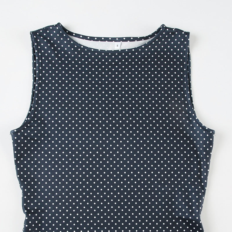 Women’s Sleeveless Mini Dress with Round Neck and Polka Dots