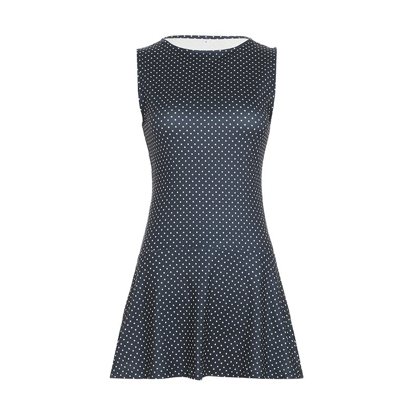 Women’s Sleeveless Mini Dress with Round Neck and Polka Dots