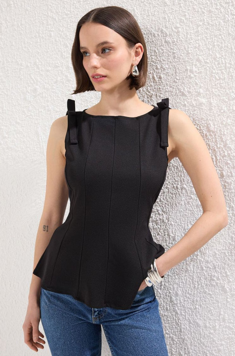 Women's Sleeveless Peplum Top with Boat Neckline and Knot Details