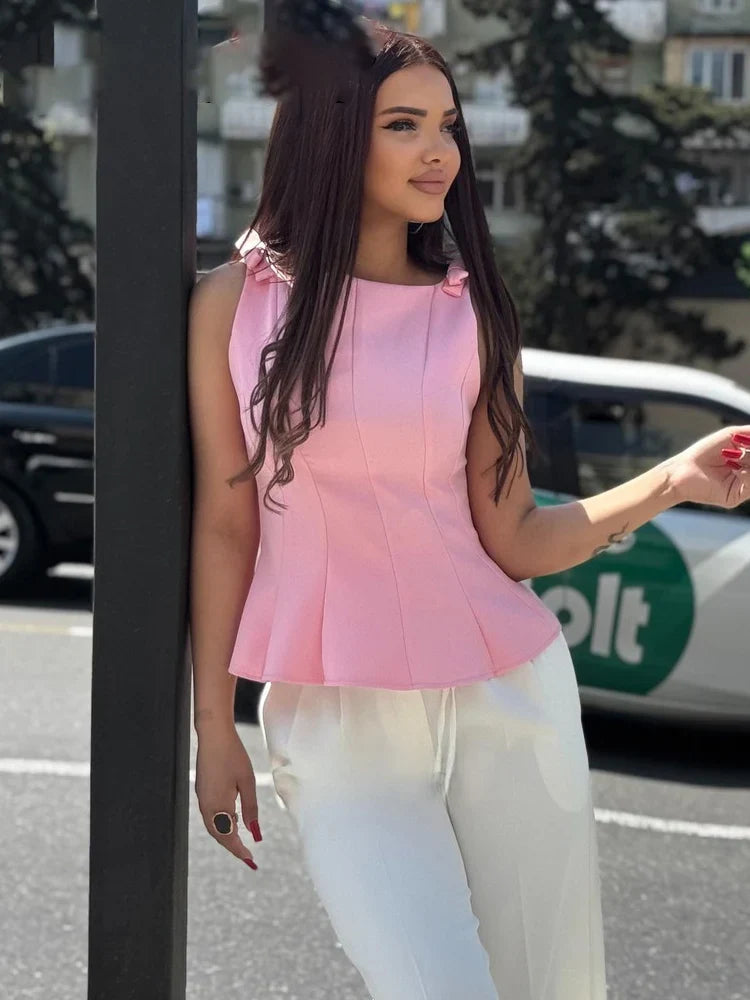 Women's Sleeveless Peplum Top with Boat Neckline and Knot Details