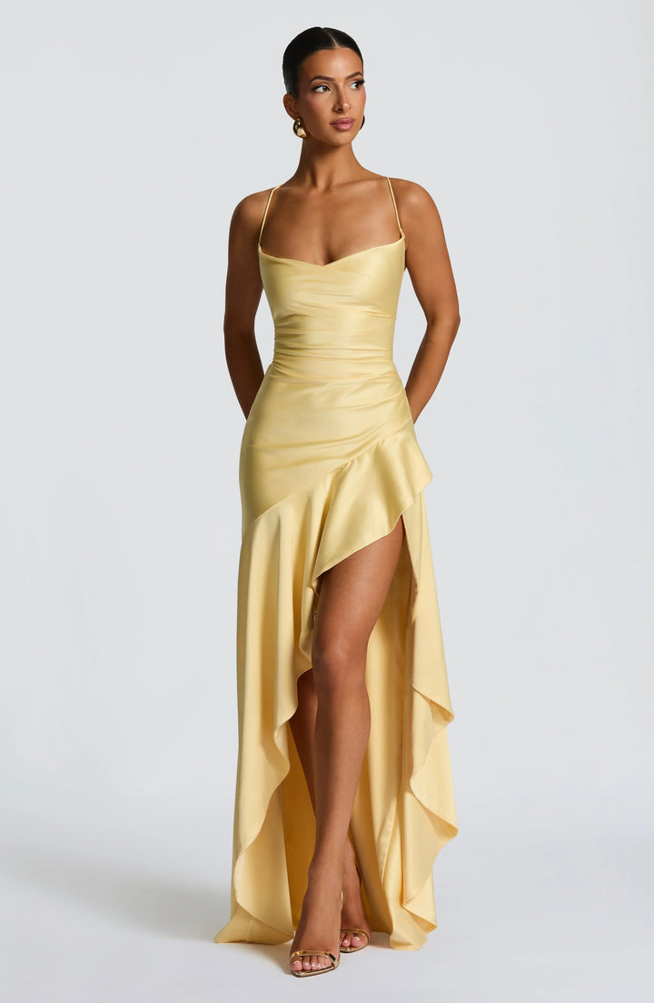Women's Sleeveless Wedding Guest Dress with Hight Slit and Diagonal Hemline