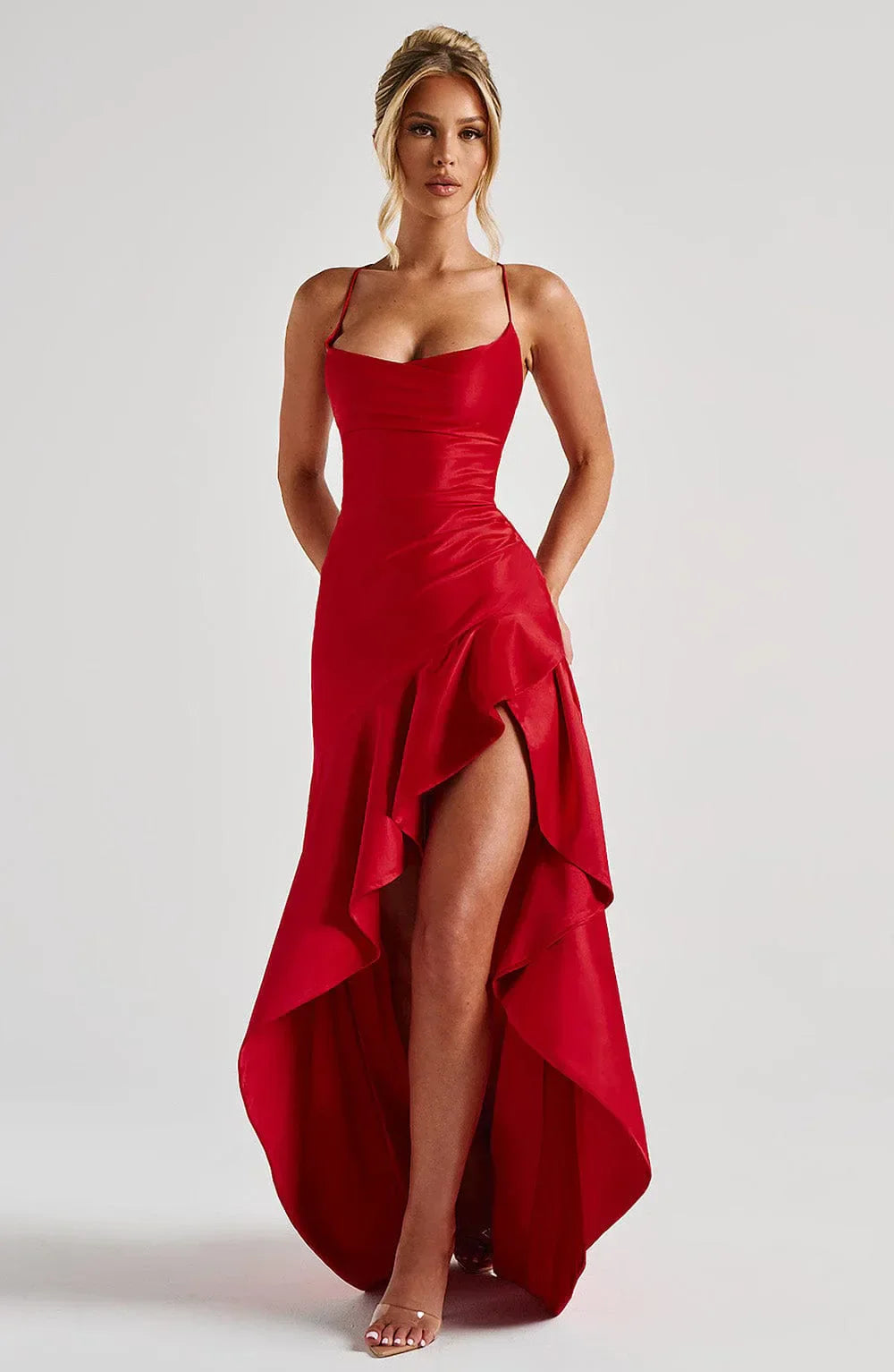 Women's Sleeveless Wedding Guest Dress with Hight Slit and Diagonal Hemline