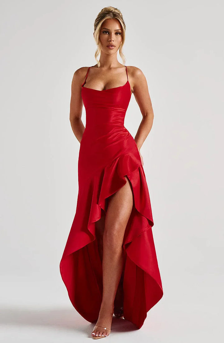 Women's Sleeveless Wedding Guest Dress with Hight Slit and Diagonal Hemline