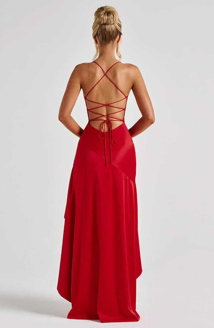 Women's Sleeveless Wedding Guest Dress with Hight Slit and Diagonal Hemline