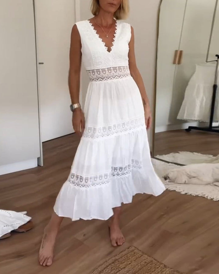Women's Sleeveless Wedding Guest Dress with Mid Length and Lace Design