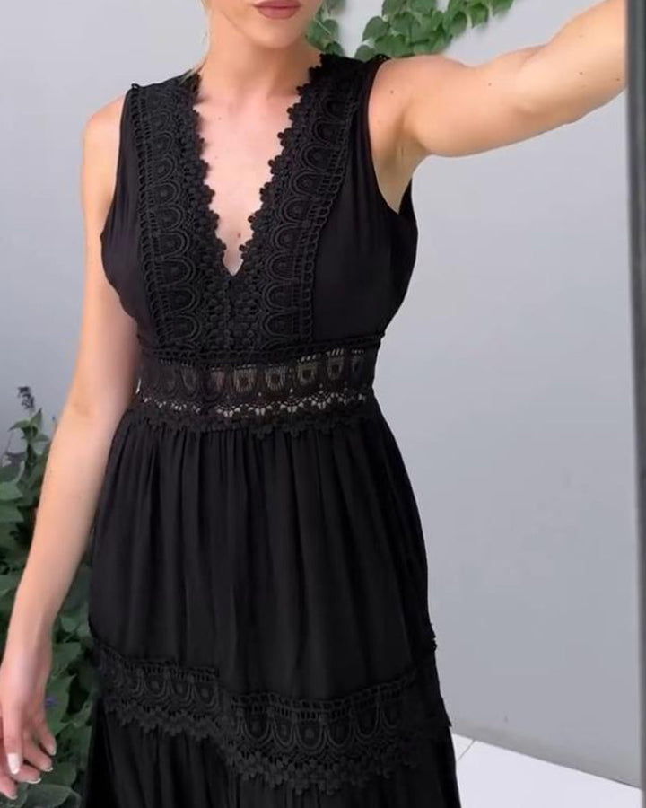 Women's Sleeveless Wedding Guest Dress with Mid Length and Lace Design