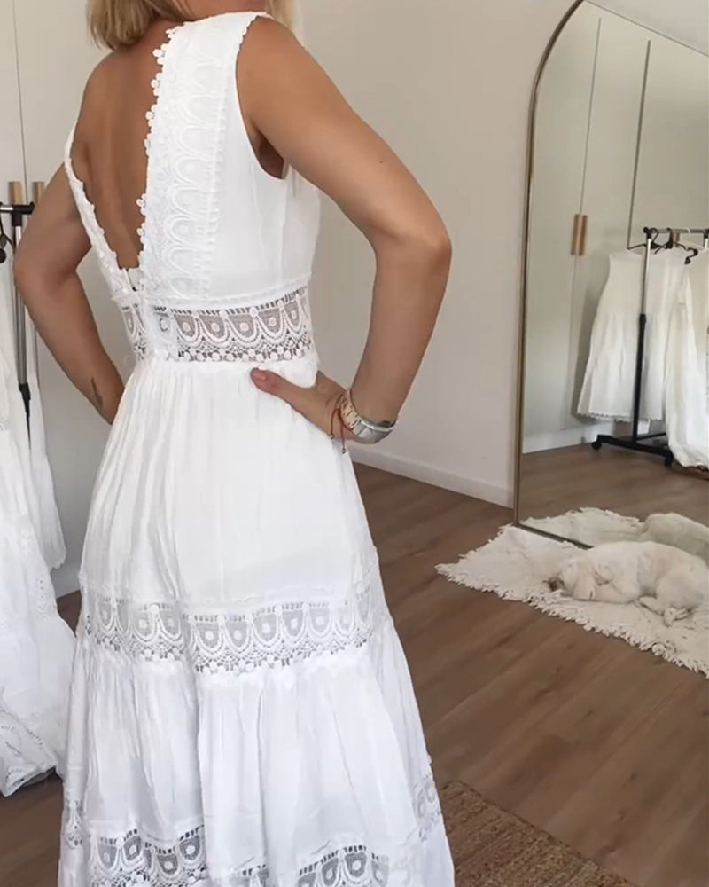 Women's Sleeveless Wedding Guest Dress with Mid Length and Lace Design