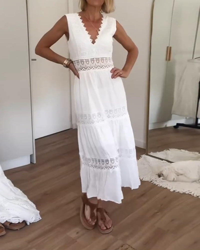 Women's Sleeveless Wedding Guest Dress with Mid Length and Lace Design