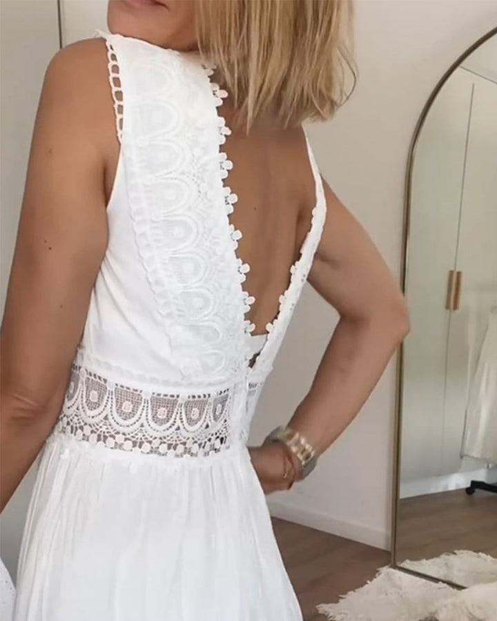 Women's Sleeveless Wedding Guest Dress with Mid Length and Lace Design