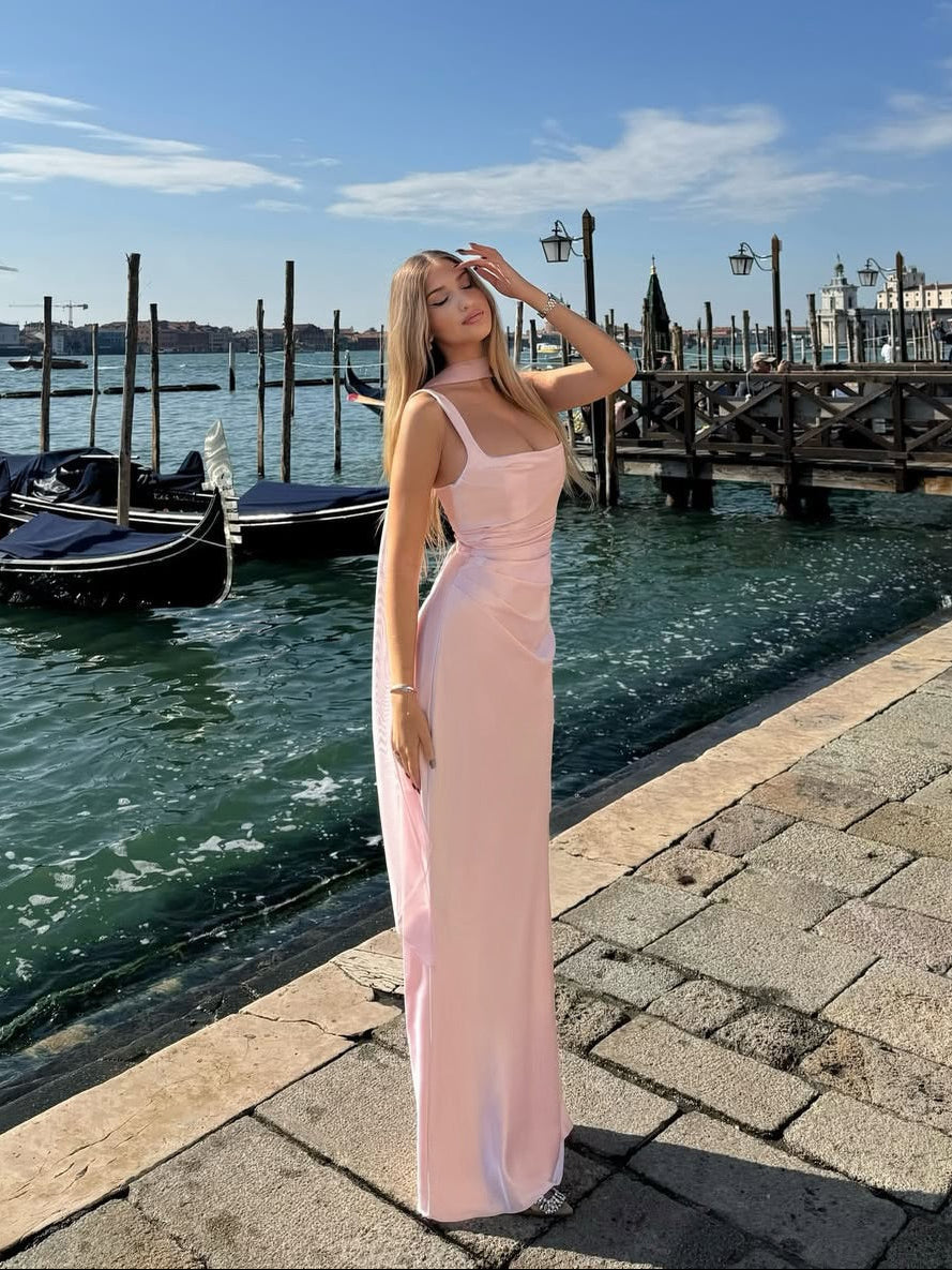 Women's Sleeveless Wedding Guest Dress with Scarf and Square Neckline