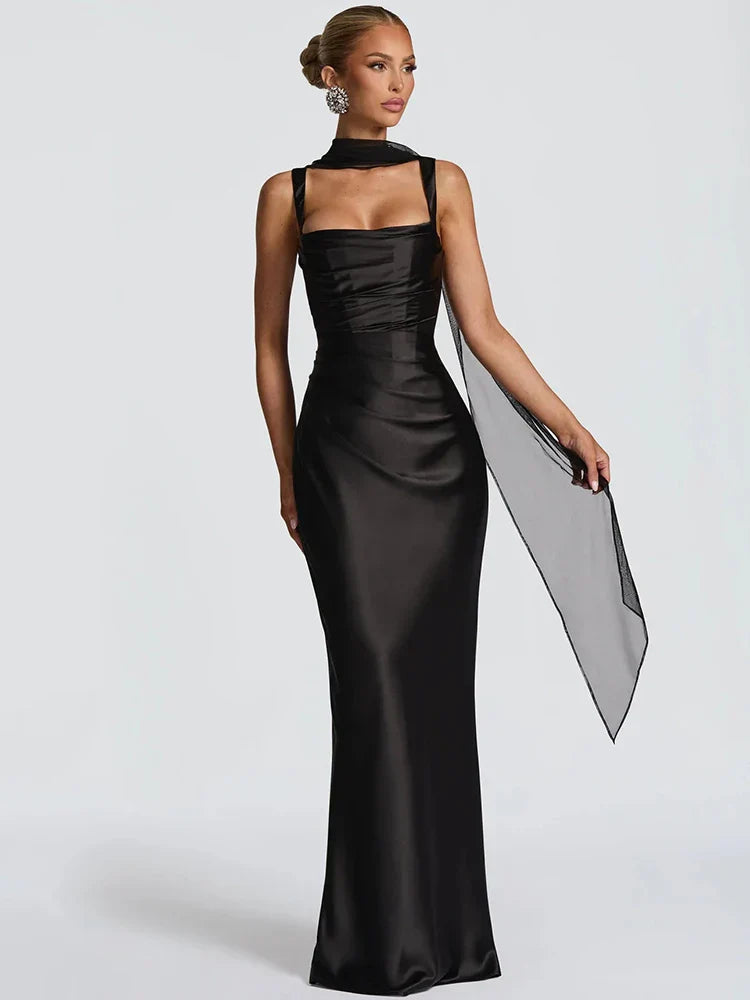 Women's Sleeveless Wedding Guest Dress with Scarf and Square Neckline