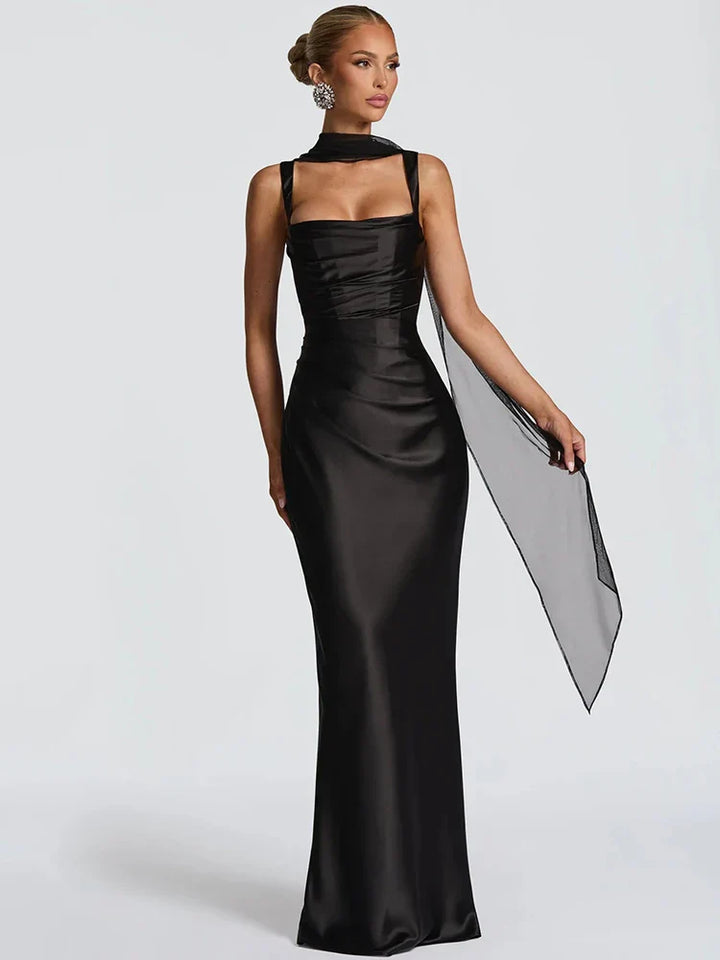 Women's Sleeveless Wedding Guest Dress with Scarf and Square Neckline