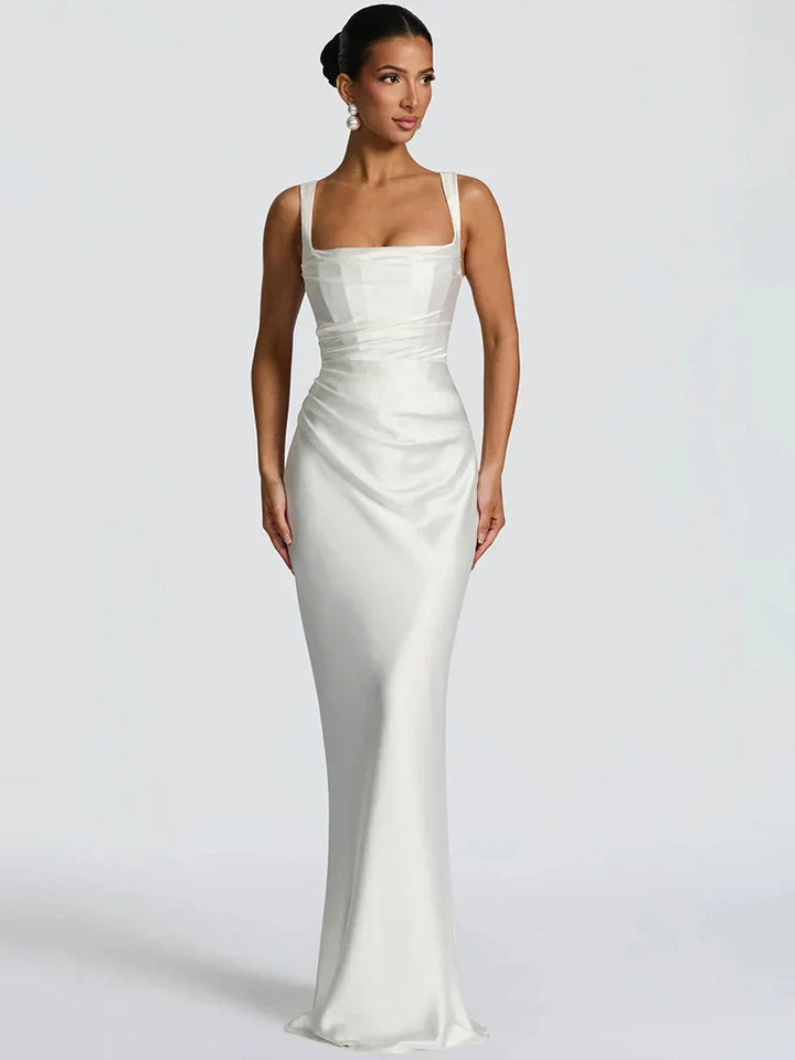 Women's Sleeveless Wedding Guest Dress with Scarf and Square Neckline