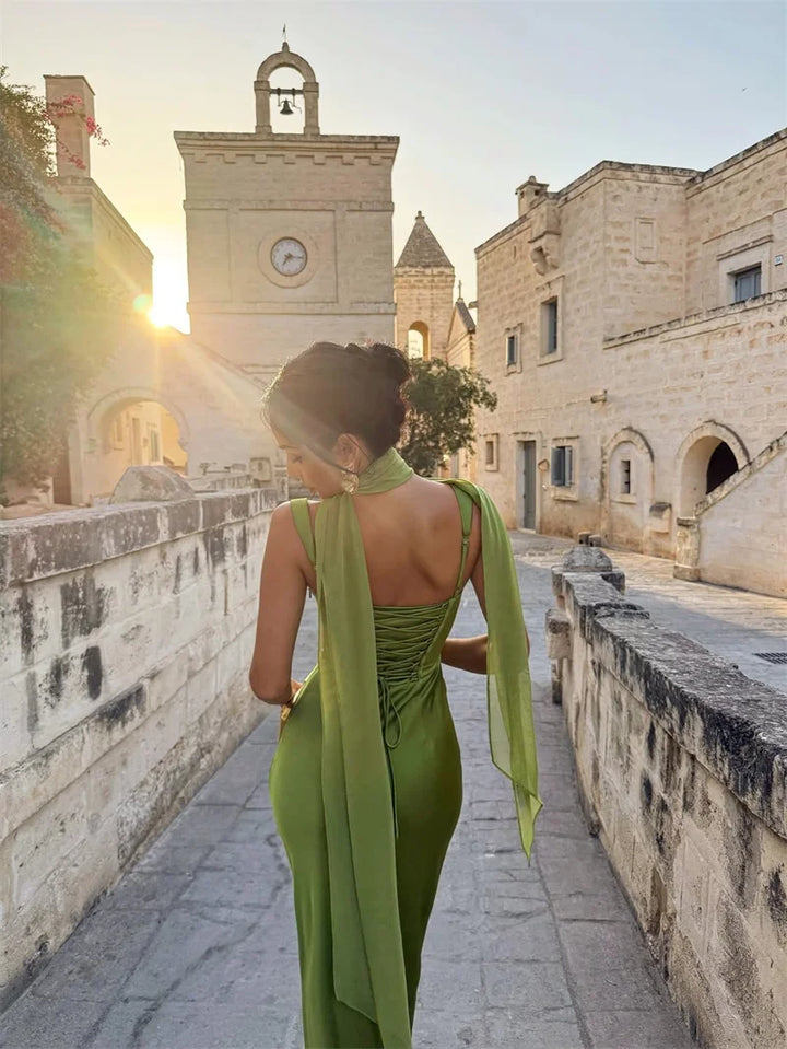 Women's Sleeveless Wedding Guest Dress with Scarf and Square Neckline