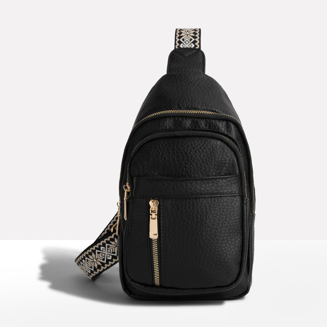 Women's Sling Bag with Geometric Pattern Strap and Multiple Zippered Compartments