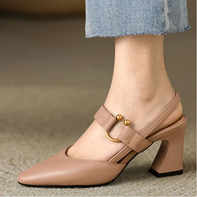 Women's Slingback Block Heels with Pointed Toe and Mid-Foot Straps