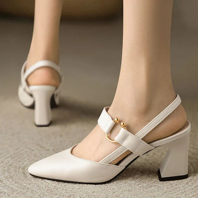 Women's Slingback Block Heels with Pointed Toe and Mid-Foot Straps