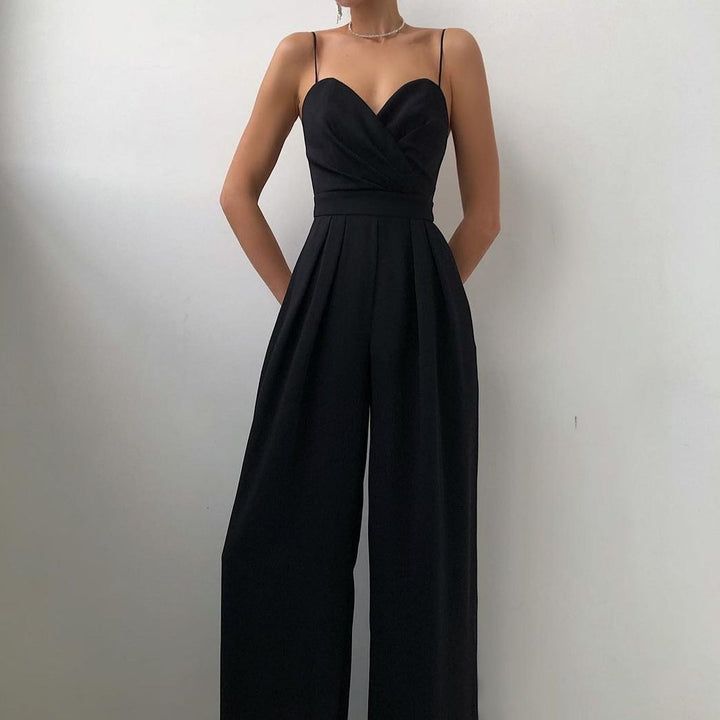 Women’s Spaghetti Strap Jumpsuit with V-Neckline and Pleated Wide Leg Pants