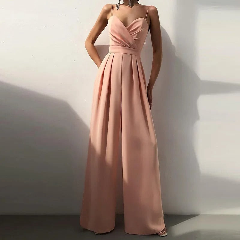 Women’s Spaghetti Strap Jumpsuit with V-Neckline and Pleated Wide Leg Pants