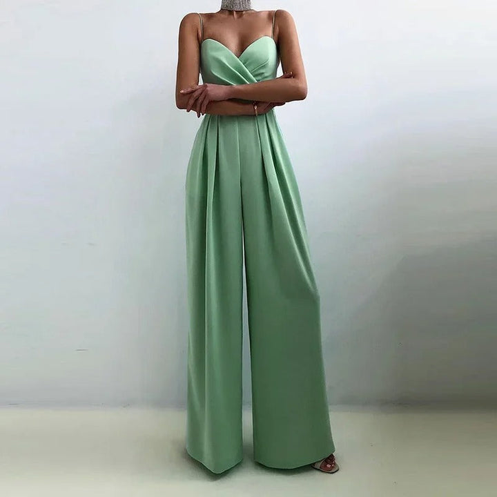Women’s Spaghetti Strap Jumpsuit with V-Neckline and Pleated Wide Leg Pants