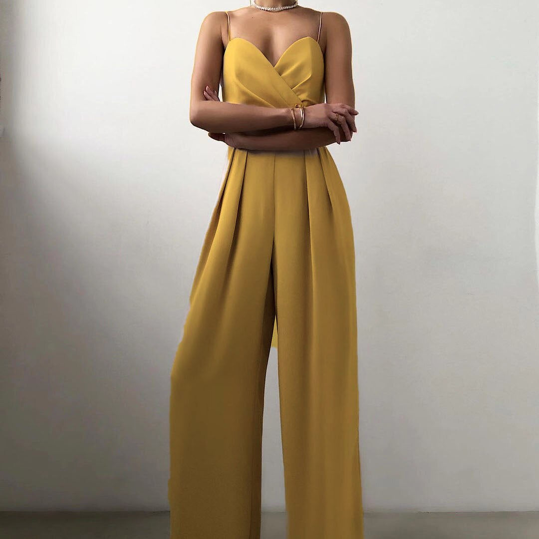 Women’s Spaghetti Strap Jumpsuit with V-Neckline and Pleated Wide Leg Pants