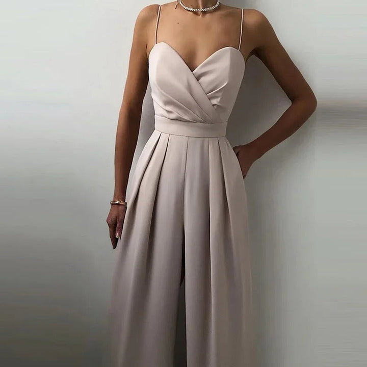 Women’s Spaghetti Strap Jumpsuit with V-Neckline and Pleated Wide Leg Pants