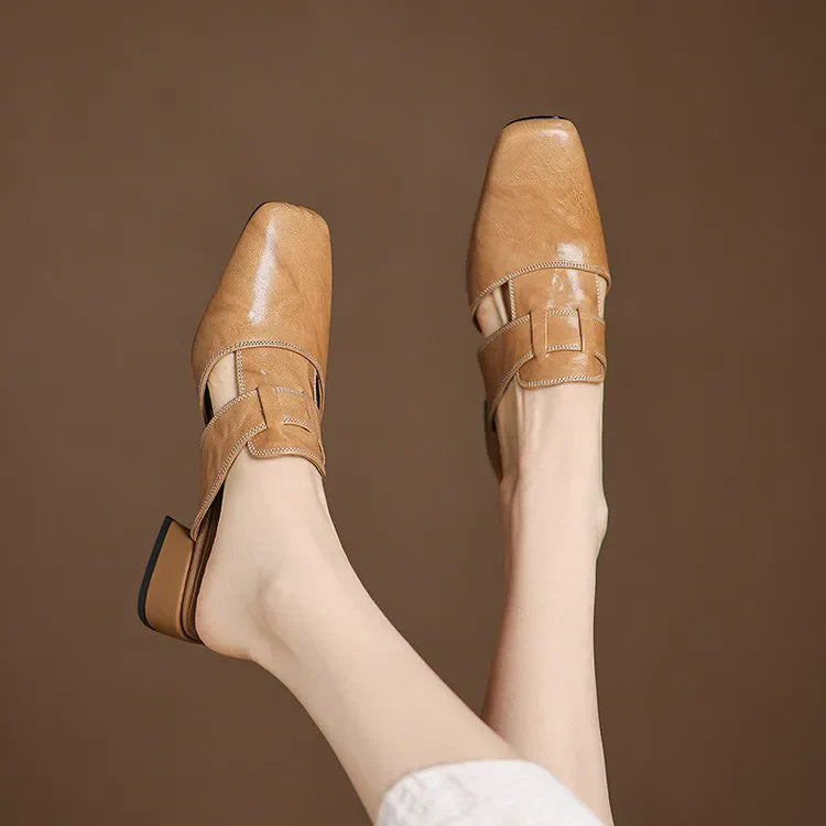 Women's Square Toe Mule Shoes with Cutout Straps and Block Heel