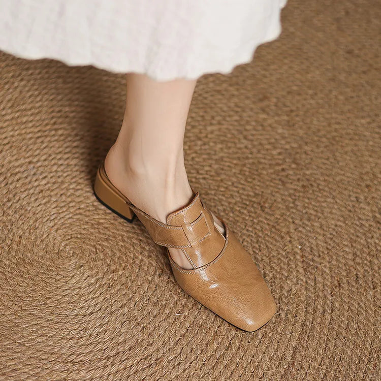 Women's Square Toe Mule Shoes with Cutout Straps and Block Heel