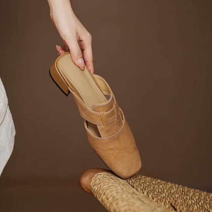 Women's Square Toe Mule Shoes with Cutout Straps and Block Heel