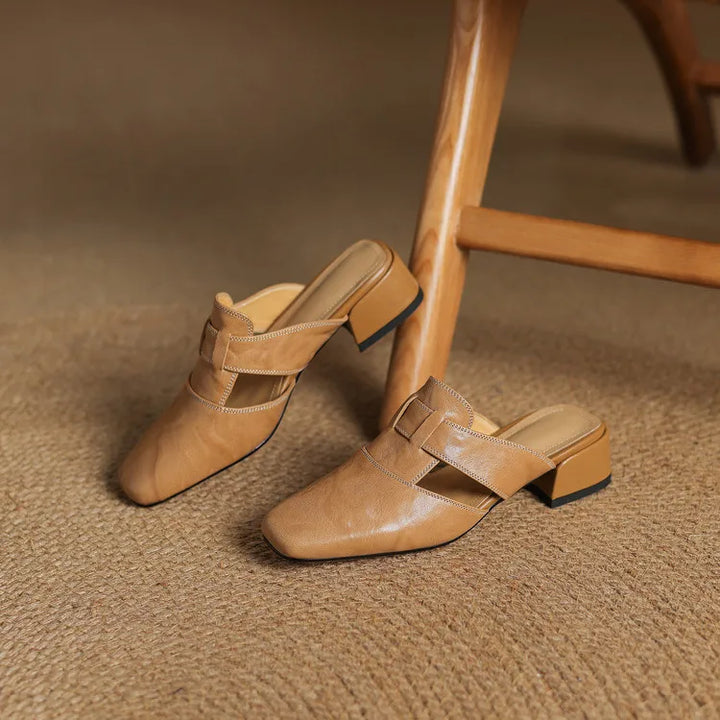 Women's Square Toe Mule Shoes with Cutout Straps and Block Heel