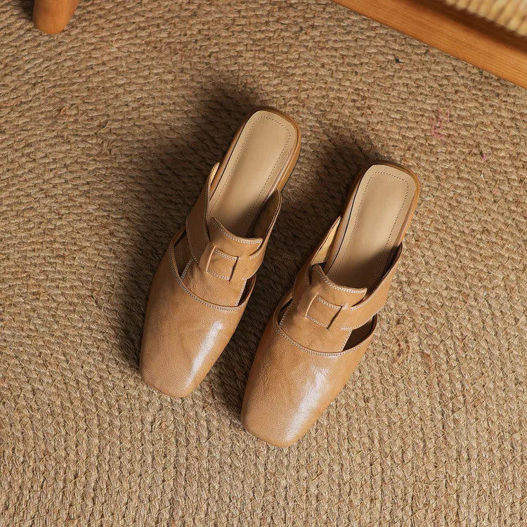 Women's Square Toe Mule Shoes with Cutout Straps and Block Heel