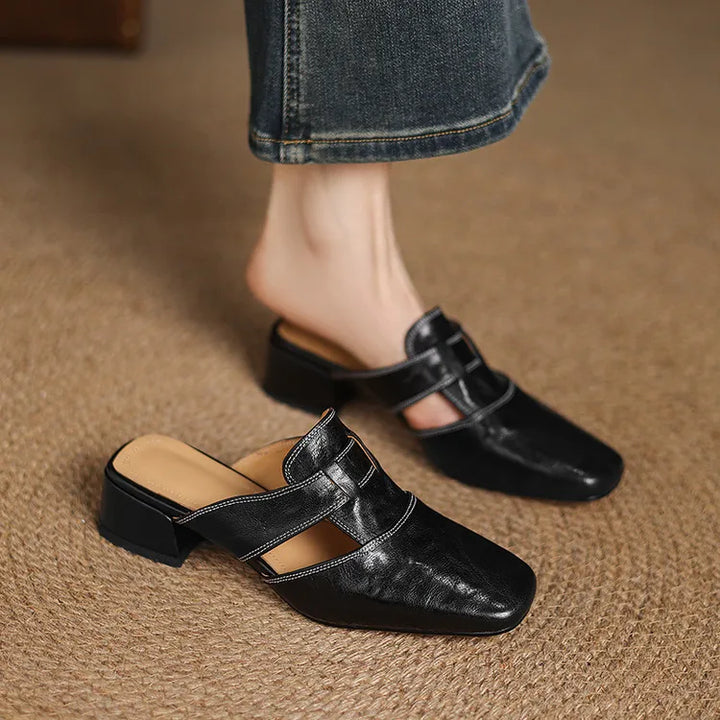 Women's Square Toe Mule Shoes with Cutout Straps and Block Heel