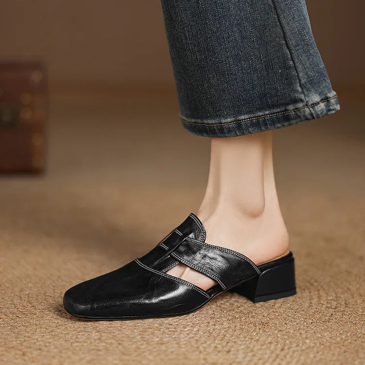 Women's Square Toe Mule Shoes with Cutout Straps and Block Heel