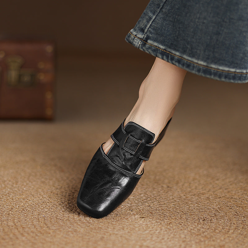 Women's Square Toe Mule Shoes with Cutout Straps and Block Heel