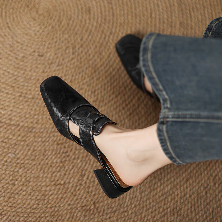 Women's Square Toe Mule Shoes with Cutout Straps and Block Heel