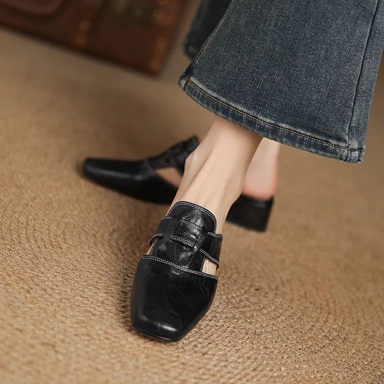 Women's Square Toe Mule Shoes with Cutout Straps and Block Heel