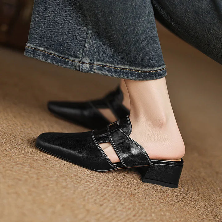 Women's Square Toe Mule Shoes with Cutout Straps and Block Heel