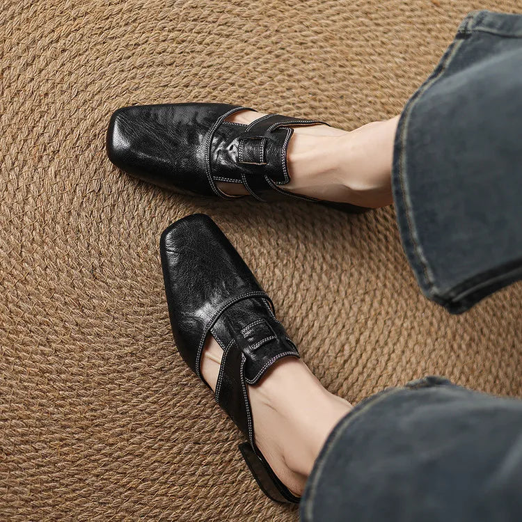 Women's Square Toe Mule Shoes with Cutout Straps and Block Heel