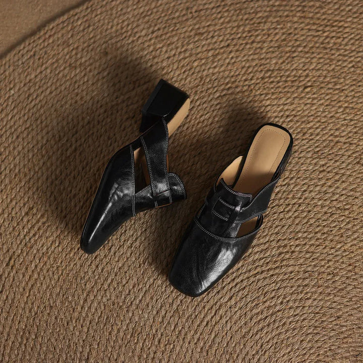 Women's Square Toe Mule Shoes with Cutout Straps and Block Heel